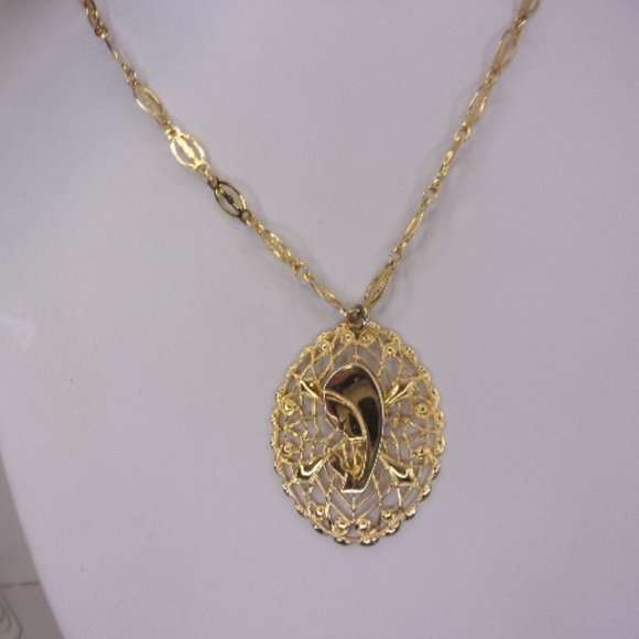 Holy Mary Filigree Gold Tone Pendant Necklace 24" L - Picture 1 of 10